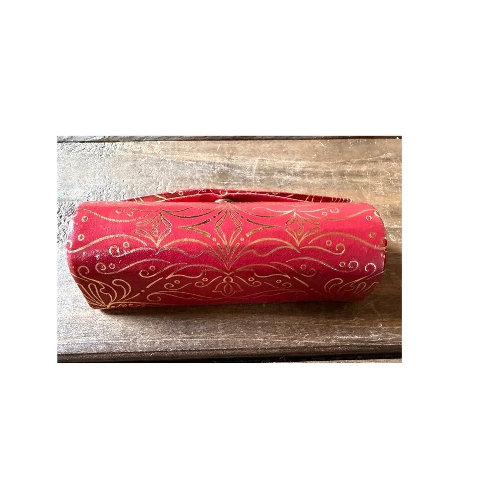 Vintage Italian Red Leather Lipstick Case Gold Florentine Scroll Mirror Italy